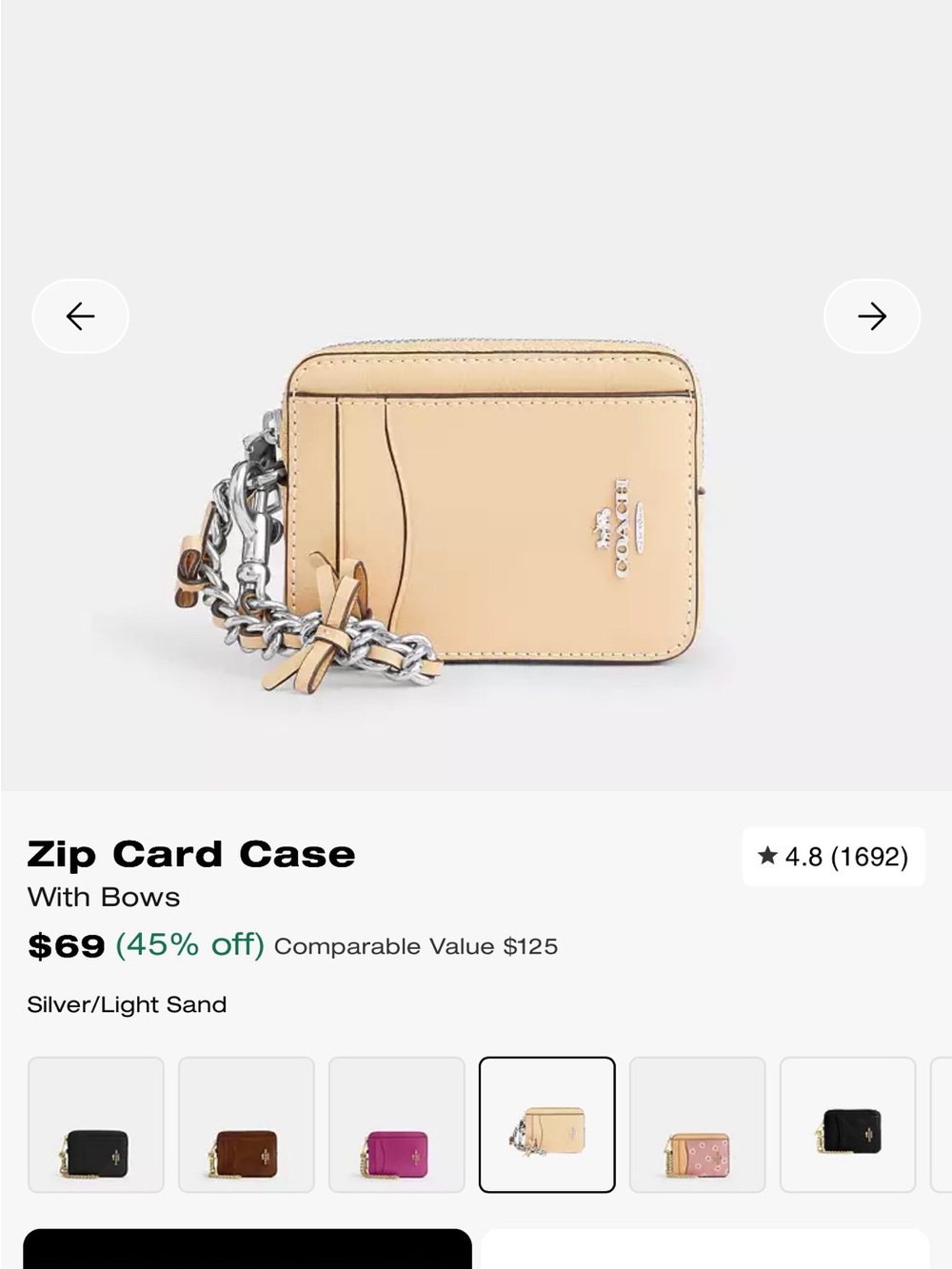 Coach Zip Card Case with Bows- Silver/Light Sand